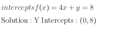 The intercepts of f(x)=4x+y=8 is Y Intercepts: (0,8)